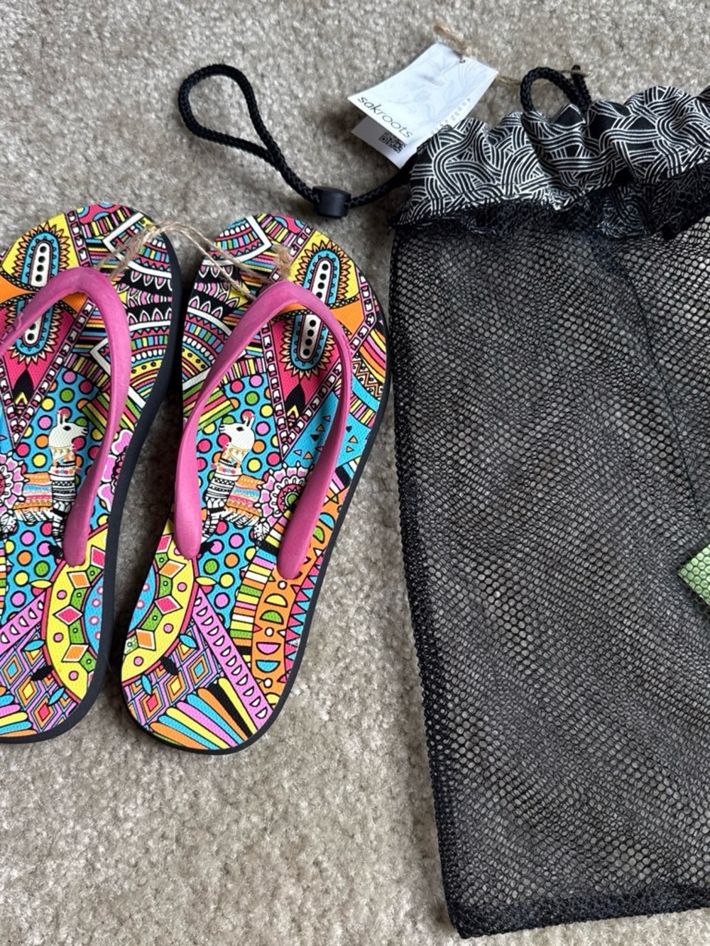 Sakroots Bright Multicolor Pattern Flip Flops with Pink Straps